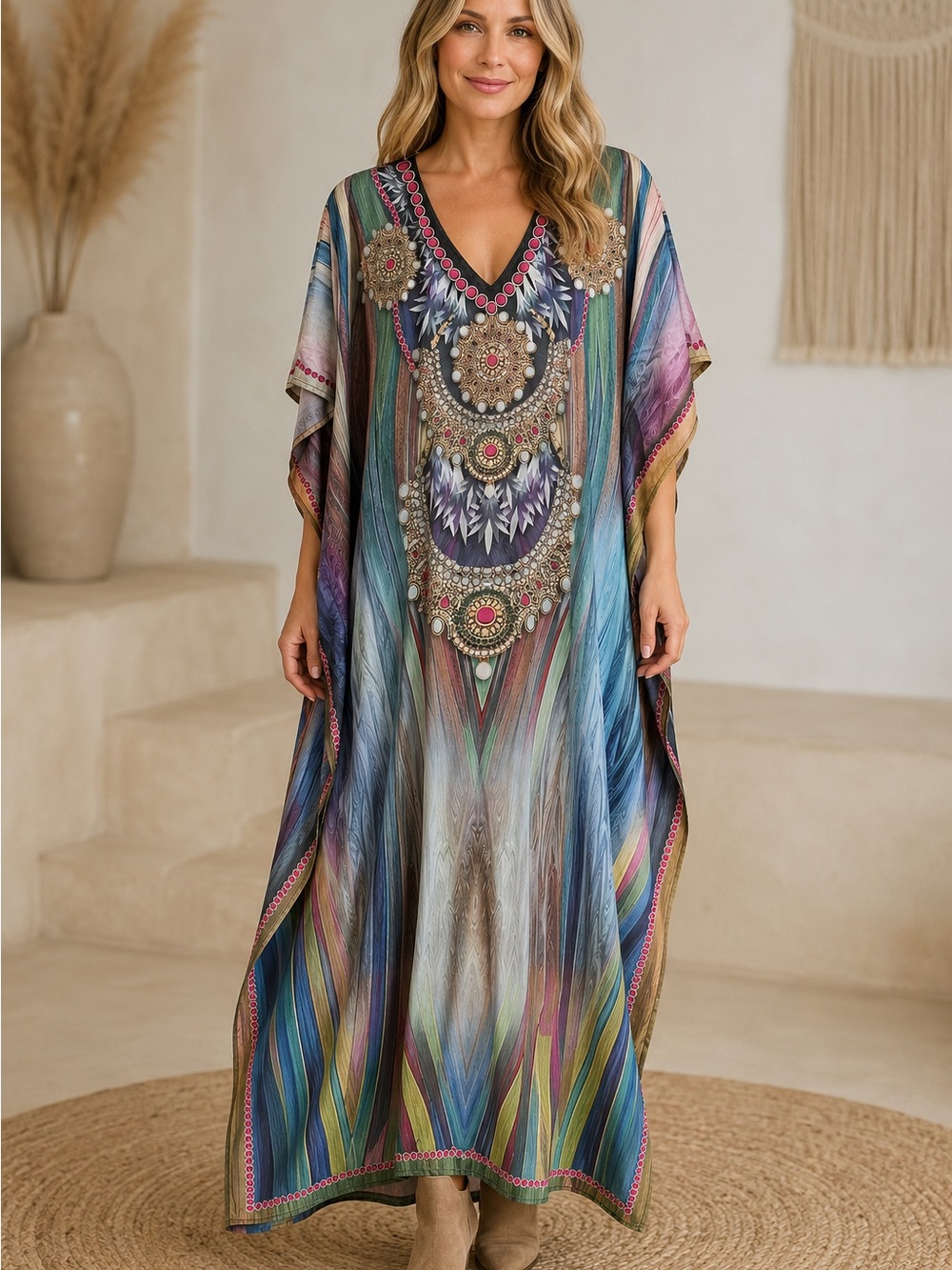 Multicolor V-Neck Maxi Kaftan Dress Plus Size Cottagecore Coastal Resortwear